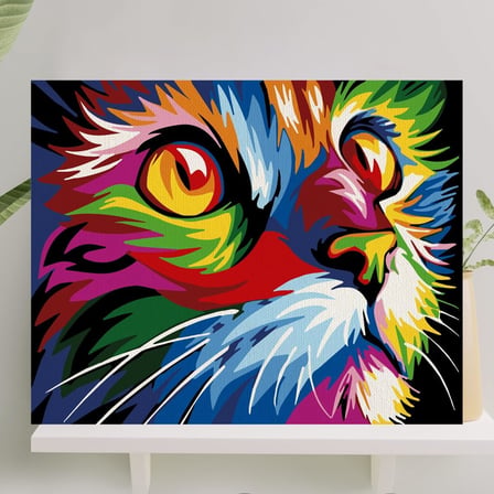Sayılarla Boyama Tuval Seti Fırça Boya Dahil (Çıtalı) 40x50 CM - Renkli Kedi