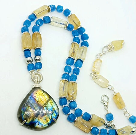 2477 Labradorit  Sitrin Kuvars el yapımı kolye