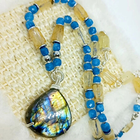 2477 Labradorit  Sitrin Kuvars el yapımı kolye