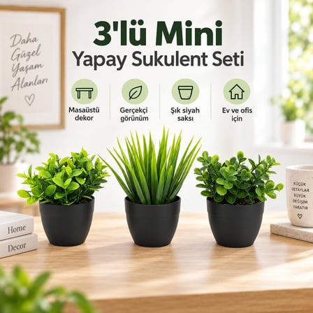 3’lü Mini Yapay Çiçek Sukulent Seti, Saksılı Yapay Sukulent Bitki, Dekoratif Masaüstü Mini Bitkiler, Ev ve Ofis Dekoru, 8 cm (SİYAH)