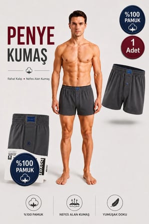 Erkek Penye Boxer %100 Pamuk 1 Adet (Tutku Yetkili Satıcısı) Havlu Bel Düğmeli Pamuklu Rahat Kalıp Nefes Alan Kumaş - Siyah