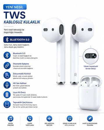 Yeni Nesil TWS Bluetooth 5.0 Kablosuz Kulak İçi Kulaklık - HD Ses ve Mikrofonlu