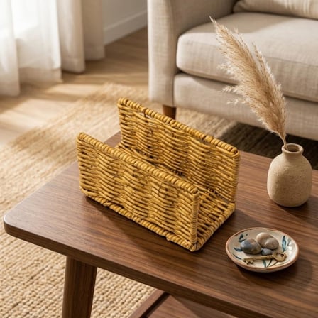 Hasır Örgü Peçetelik, Doğal Renk, Rattan, 14x5x8 cm, Rustik Stil, Yemek Masası için
