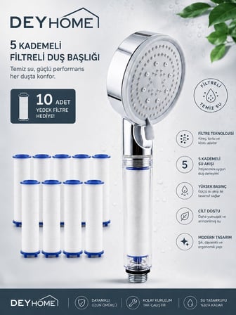 Filtreli Duş Başlığı, 5 Kademeli Su Akışlı, Yüksek Basınçlı, Kireç Önleyici, Beyaz-Krom, El Duşu (2'li Set)
