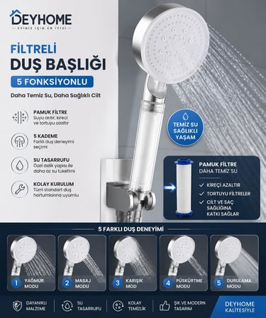 Filtreli Duş Başlığı, 5 Kademeli Su Akışlı, Yüksek Basınçlı, Kireç Önleyici, Beyaz-Krom, El Duşu (2'li Set)