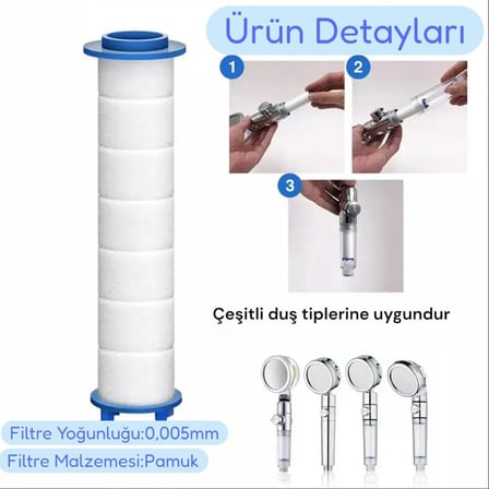 Filtreli Duş Başlığı, 5 Kademeli Su Akışlı, Yüksek Basınçlı, Kireç Önleyici, Beyaz-Krom, El Duşu (2'li Set)