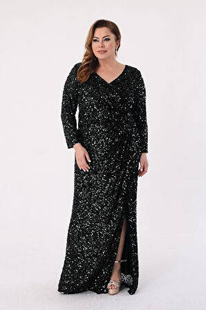 Lilas XXL Kadın Büyük Beden Pul Payetli V Yaka Uzun Abiye Elbise 2479 Siyah