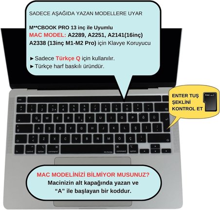 MacBook Pro Türkçe Q Klavye Koruyucu Silikon – EU UK ISO Enter – Touch Bar Uyumlu – 13 inç A2251 A2289 A2338 (M1/M2) – 16 inç A2141 – İnce Siyah