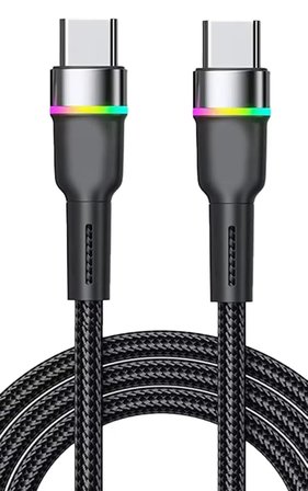 Galaxy S20 S21 S22 S23 S24 S25 S26 Fe Plus Ultra ile Uyumlu Type-C PD 60W RGB Hızlı Şarj Kablosu, Metal Hasır, Siyah