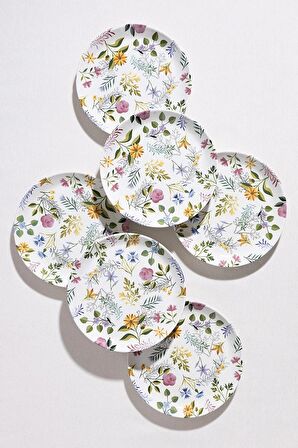 6'lı Pasta Tabağı Flowers Desen Dijital Baskı 20cm Yuvarlak Pasta Tabak Seti