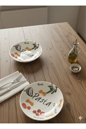 22 cm Seramik Derin Makarna Tabağı Beyaz Desenli 2 Adet