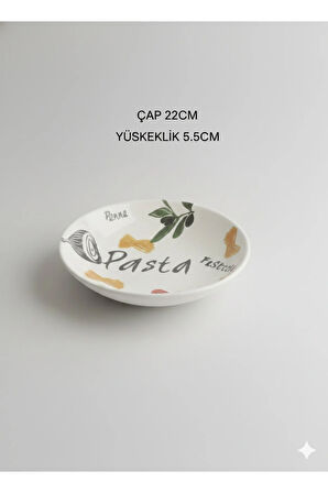 22 cm Seramik Derin Makarna Tabağı Beyaz Desenli 2 Adet