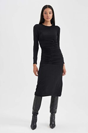 DeFacto Bodycon Yuvarlak Yaka Midi Uzun Kollu Elbise B1819AX23AUBK81