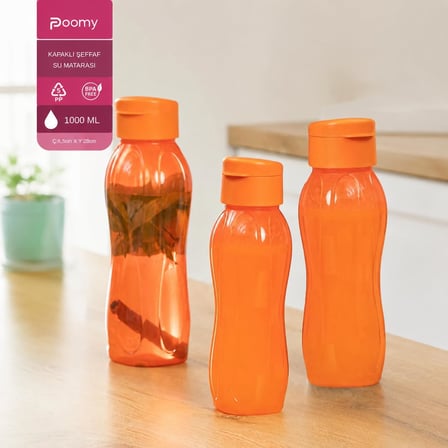 Büyük Boy Kapaklı Su Matarası 1000 ml, Şeffaf Plastik Sporcu Su Şişesi, BPA İçermez, Mavi Turuncu Siyah Mor Renk Seçenekli (Turuncu)