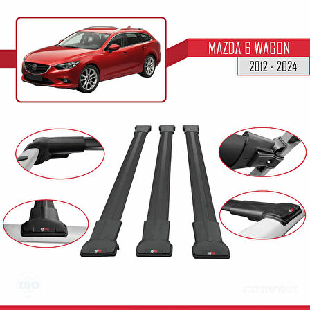 Mazda 6 Wagon 2012-2024 Arası ile Uyumlu FLY Model Ara Atkı Tavan Barı Siyah 3 Adet