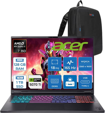 Acer Nitro 18 Aı Amd Ryzen™ 7 350 128GB Ddr5 1tb SSD RTX5070Tİ/12GB 115W 18inç Wqxga (2560 x 1600) IPS 165Hz Freedos Taşınabilir Gaming Bilgisayar NHQYDEY002F38+ZETTAÇANTA