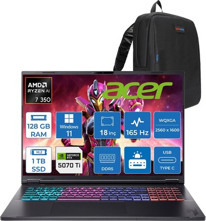 Acer Nitro 18 Aı Amd Ryzen™ 7 350 128GB Ddr5 1tb SSD RTX5070Tİ/12GB 115W 18inç Wqxga (2560 x 1600) IPS 165Hz WIN11PRO Taşınabilir Gaming Bilgisayar NHQYDEY002P38+ZETTAÇANTA
