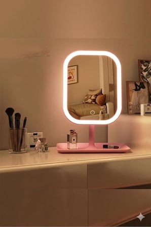 Led Işıklı Ayarlabilir Makyaj Aynası, USB Şarj Edilebilir, 3 Işık Fonksiyonu, Parlaklık Ayarlı ve Organizer Tabanlı Taşınabilir Kozmetik Ayna- Pembe