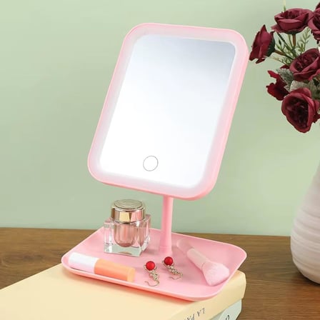 Led Işıklı Ayarlabilir Makyaj Aynası, USB Şarj Edilebilir, 3 Işık Fonksiyonu, Parlaklık Ayarlı ve Organizer Tabanlı Taşınabilir Kozmetik Ayna- Pembe