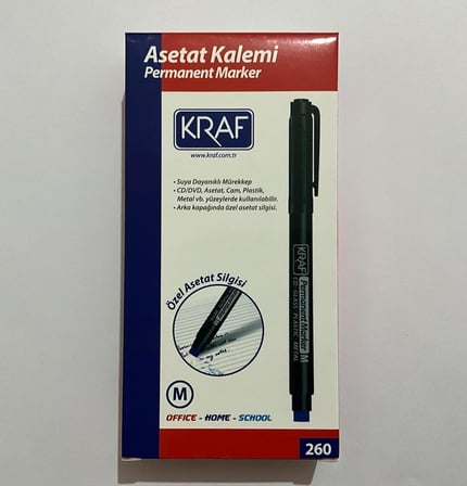 Kraf Permanent Marker, Mavi, Orta Uç (M), Silgili, CD/DVD/Cam/Plastik/Metal Yüzeyler İçin, 12'li Paket
