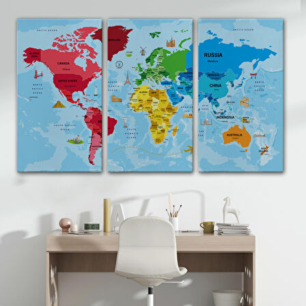 Harita Sepeti Türkçe Dünya Haritası Sembollü ve Okyanuslu Dekoratif Kanvas Tablo 2480