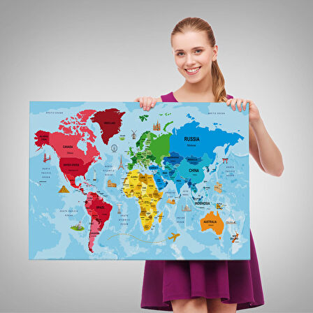 Harita Sepeti Türkçe Dünya Haritası Sembollü ve Okyanuslu Dekoratif Kanvas Tablo 2480