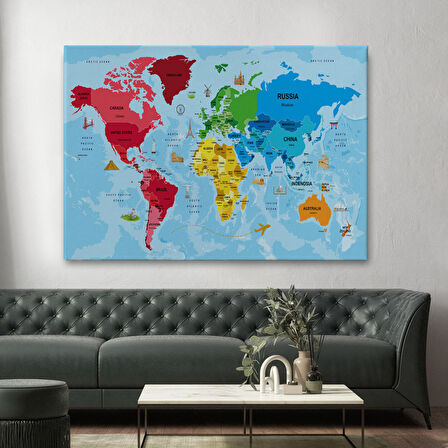 Harita Sepeti Türkçe Dünya Haritası Sembollü ve Okyanuslu Dekoratif Kanvas Tablo 2480