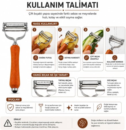 Çift Bıçaklı Ahşap Saplı Soyacak - Çift Bıçaklı Ahşap Saplı Sebze ve Meyve Soyacak – Paslanmaz Çelik Ultra Keskin Tırtıklı &amp; Düz Bıçaklı, Ergonomik Kaymaz Sap, Patates Havuç Kabak Elma