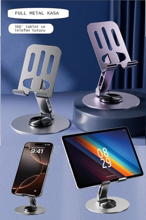 DUFFA Premium Full Metal Masaüstü Tablet ve Telefon Standı - 360° Mekanik Döner Tabanlı Katlanabilir Telefon Tutucu, Tüm Tabletlerle Uyumlu Ayarlanabilir Metal Stand (Uzay Grisi)