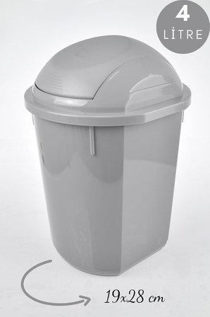 Yuvarlak Çöp Kovası, Oynar Kapaklı Gri Çöp Kovası, Kapaklı Yuvarlak Çöp Kovası 4 Litre 19x28 cm Gri