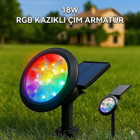 18W Led Solar Kazıklı Çim Armatür Cata Güneş Enerjili Led İşık Çim Lambası Bahçe Ağaç Çalı Duvar Aydınlatma (Rgb)