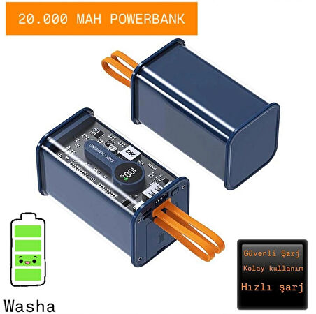 20.000 Mah  Dijital Göstergeli Dahili Kablolu Powerbank Hızlı Şarj Taşınabilir Şarj Cihazı
