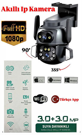 Çift Lens 1080p Gece Görüş Akıllı Ip Kamera Wifi Su Geçirmez 3.0+3.0 mp Dış Mekan Ev Ofis Bebek