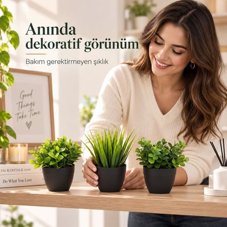 3’lü Mini Yapay Çiçek Sukulent Seti, Saksılı Yapay Sukulent Bitki, Dekoratif Masaüstü Mini Bitkiler, Ev ve Ofis Dekoru, 8 cm (SİYAH)