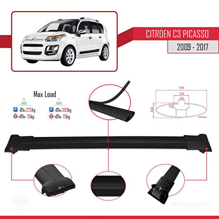 Citroen C3 Picasso 2009-2017 Arası ile Uyumlu FLY Model Ara Atkı Tavan Barı Siyah 3 Adet