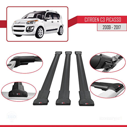 Citroen C3 Picasso 2009-2017 Arası ile Uyumlu FLY Model Ara Atkı Tavan Barı Siyah 3 Adet