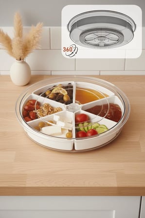 360 Derece Döner Kapaklı 6 Bölmeli Beyaz Kahvaltı Sunum Saklama Tabağı Kabı MIT1289