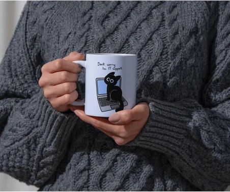 Kedi Baskılı Komik Kupa Bardak IT Support Hediyelik Çay Kahve Kupası Coffee Mug