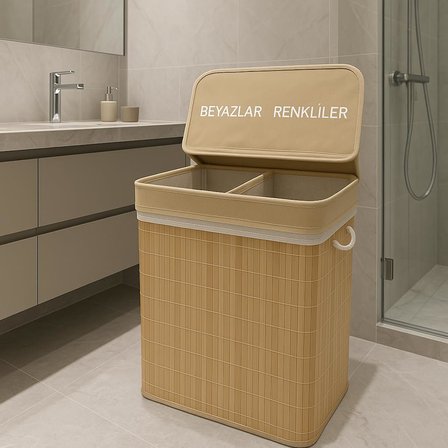 Modern Bambu Beyazlar/renkliler Ayrı Bölmeli Çamaşır Kirli Sepeti 52X32X60CM 100 Litre Büyük Boy (Sarı)