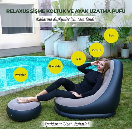 Şişme Koltuk ve Ayak Uzatma Pufu – Ev, Kamp, Ofis Kullanımı İçin, Pompa Hediyeli, Taşınabilir