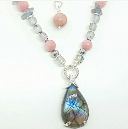 2484 Labradorit Rodonit el yapımı kolye