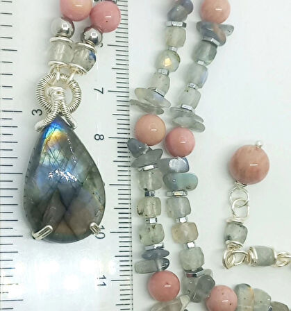 2484 Labradorit Rodonit el yapımı kolye