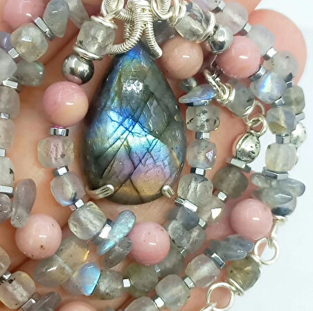 2484 Labradorit Rodonit el yapımı kolye