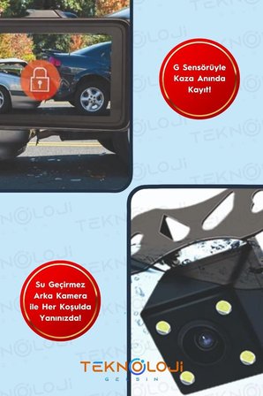 Araç İçi Kamera 4'' Lcd Ekran 3 Kameralı 170° Geniş Açı 1080p G-Sensör Gece Görüşlü Uyumlu Yol Kayıt