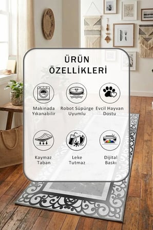 L8003 Gri Yıkanabilir Kaymaz Taban Dijital Baskılı Yolluk Halı