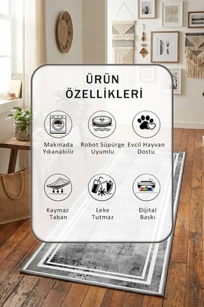 Sera Byz Modern Dijital Baskı Yıkanabilir Kaymaz Yolluk Halı