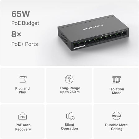 MS110P, 10-Port 10/100Mbps Desktop Switch with 8-Port PoE+
