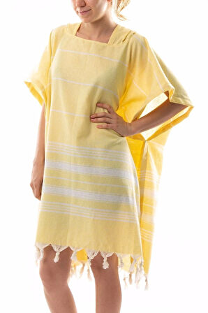 Pamuklu Yetişkin Peştemal Panço Bornoz Plaj Havlusu Sarı