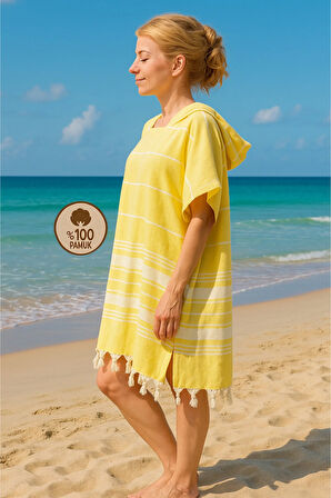 Pamuklu Yetişkin Peştemal Panço Bornoz Plaj Havlusu Sarı