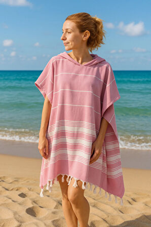 Pamuklu Yetişkin Peştemal Panço Bornoz Plaj Havlusu Pembe